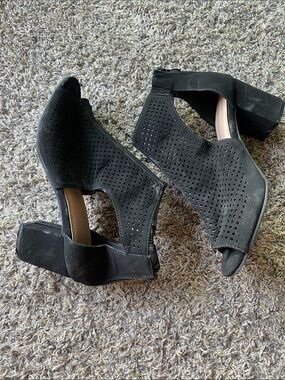 Black Perforated Block Heel Sandals - Women's